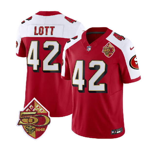 Men's San Francisco 49ers #42 Ronnie Lott Red/White 2023 F.U.S.E. 50th Patch Throwback Football Stitched Jersey